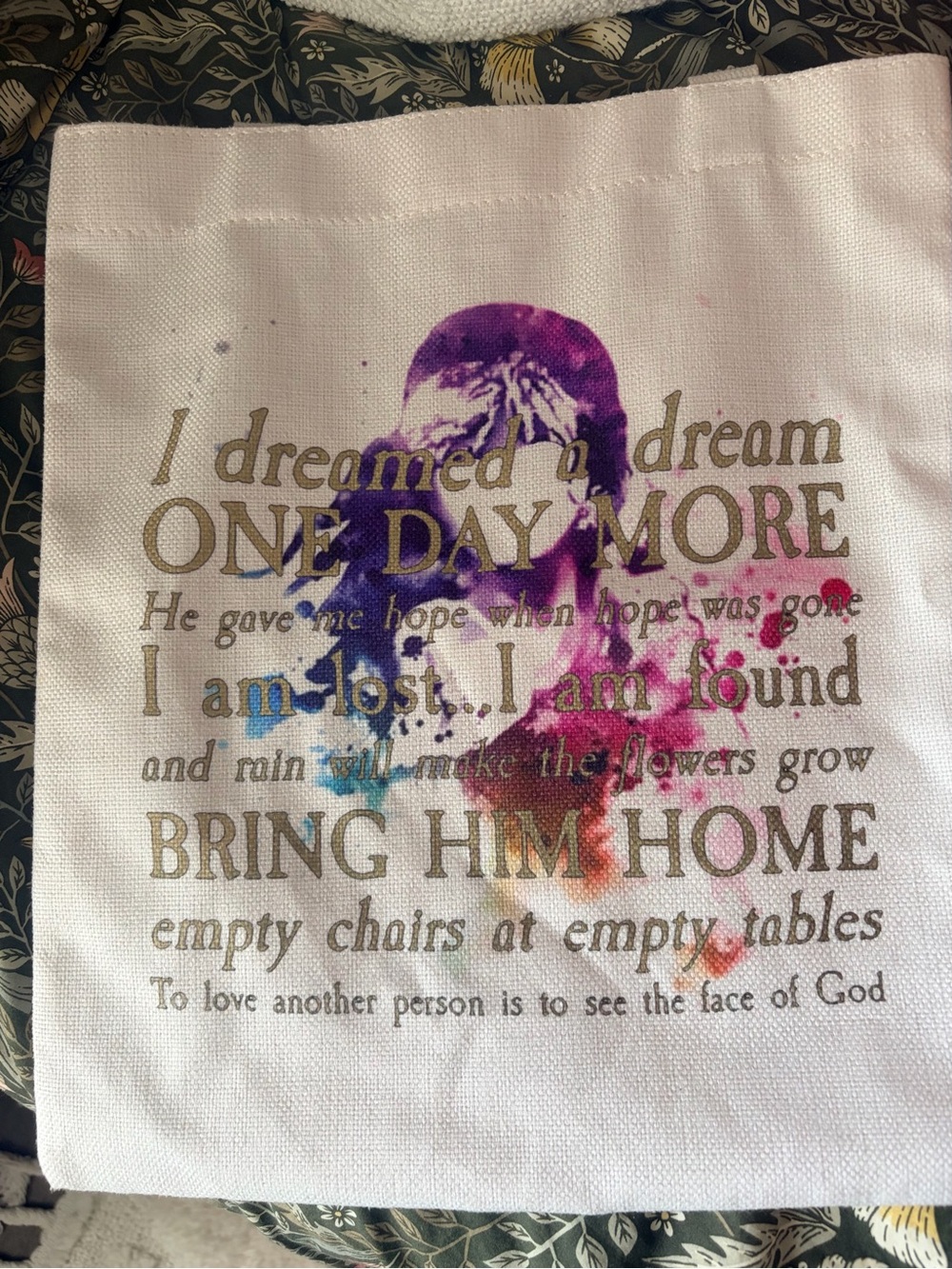 Les Miserables Watercolor White Canvas Tote Bag with Song Lyrics NWOT - Picture 3 of 3